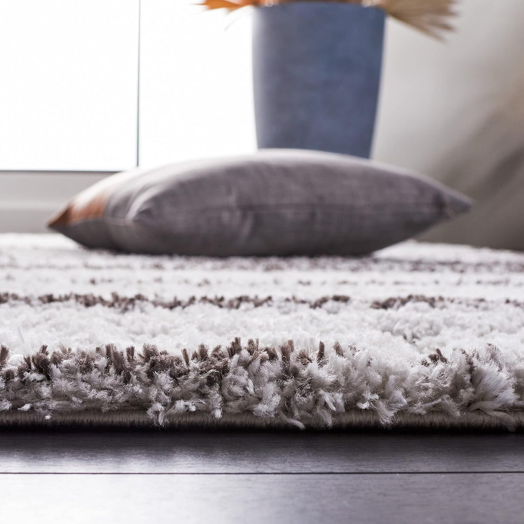 Berber Shag Collection Area Rug - 7' Square, Light Grey & Dark Grey, Stripe Design, Non-Shedding & Easy Care