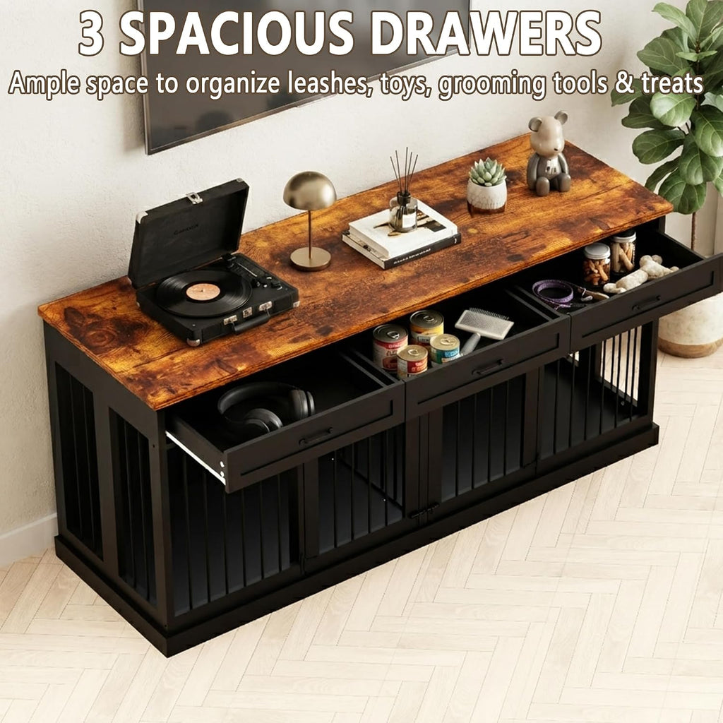 71" Double Dog Crate Furniture TV Stand with Removable Divider & 3 Drawers