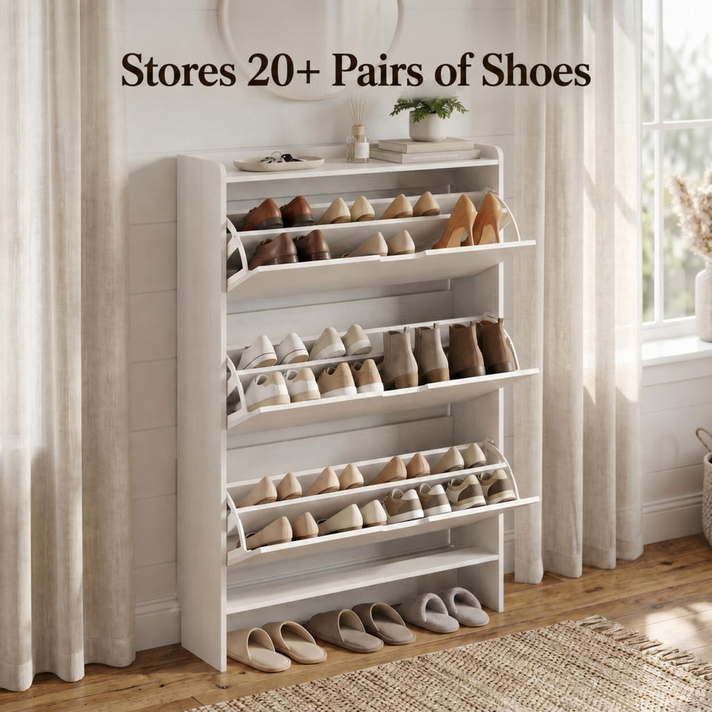 White Slim Shoe Cabinet with 3 Flip Drawers, 52" Tall Narrow Shoe Storage Cabinet, Hidden Shoe Organizer Cabinet