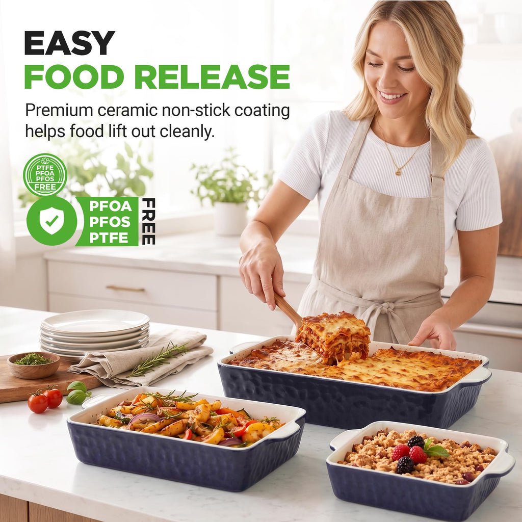 3-Piece Ceramic Casserole Dishes for Oven - Heavy Duty Rectangular Lasagna Baking Pans w/ Premium Nonstick Coating &
