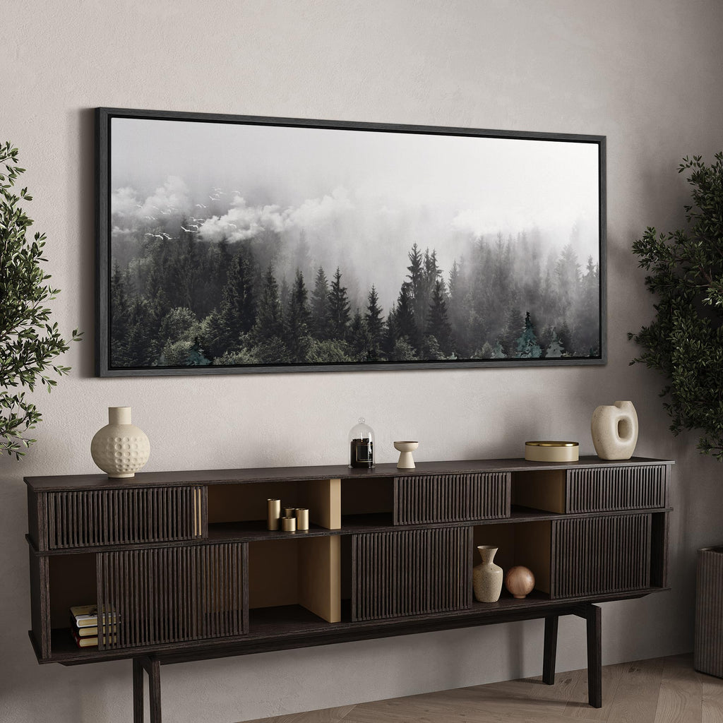 Extra Large Framed Canvas Foggy Pine Forest with Flying Birds Monochrome Illustrations Modern Art Calm Warm - 60"" x30