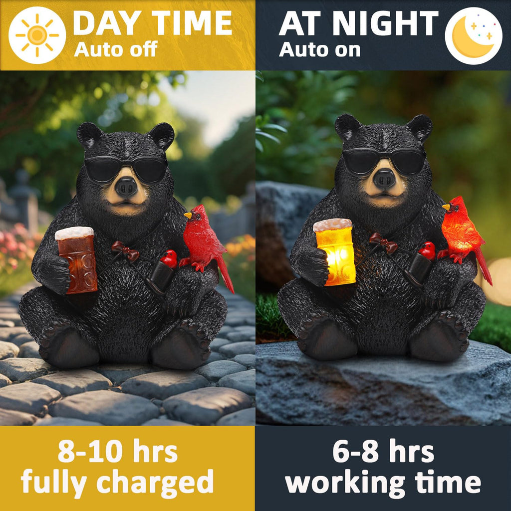 Solar Black Bear Statue for Garden with Beer and Cardinals