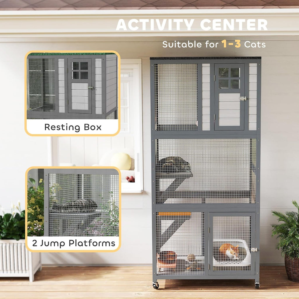 74" Wooden Catio Outdoor Cat Enclosure Weatherproof & Wheeled, Outside Cat House with High Weight Capacity, Kitten
