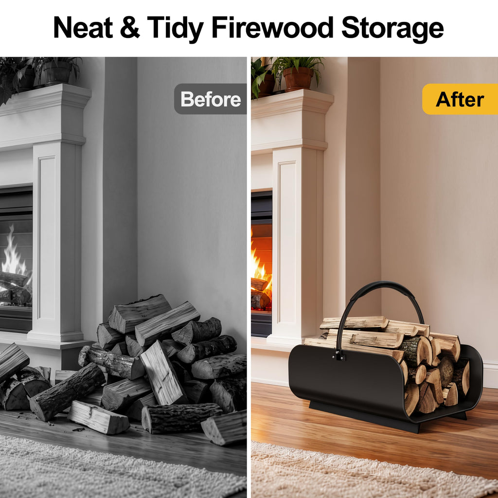Firewood Basket with Handles, Metal Firewood Holder for Indoor Fireplace