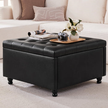 28" Large Square Ottoman with Storage, Leather Ottoman Coffee Table, Black