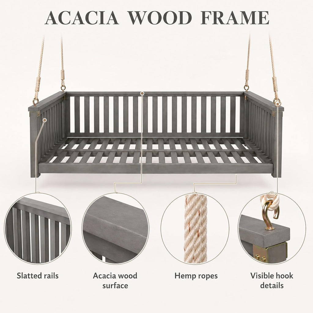 Outdoor Porch Swing Bed, Twin Size Acacia Wood Daybed (Gray) | Acacia Wood Frame, Hemp Ropes, Fits Twin Mattress