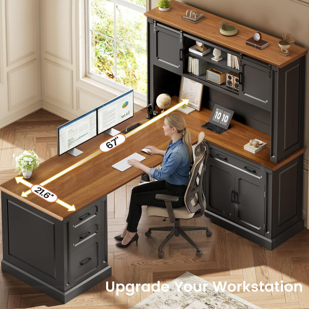 67" Farmhouse Executive L Shaped Desk with Hutch & Storage