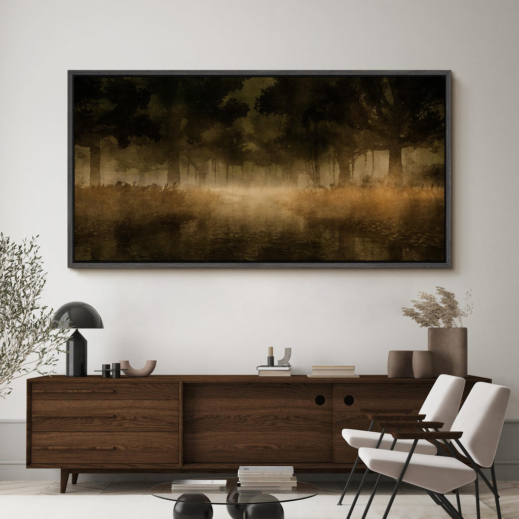 Extra Large Framed Canvas Misty Forest in Earth Tones Watercolor Illustrations Modern Art Calm Warm - 60"" x30