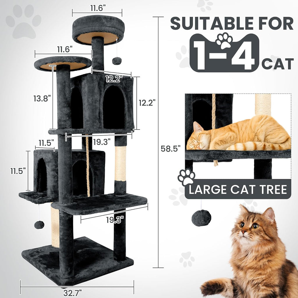 58.5inch Large Cat Tree Tower Condo for Indoor Cats, Soft Plush Multi-Level Climbing Tree Cat House with Cat Cave