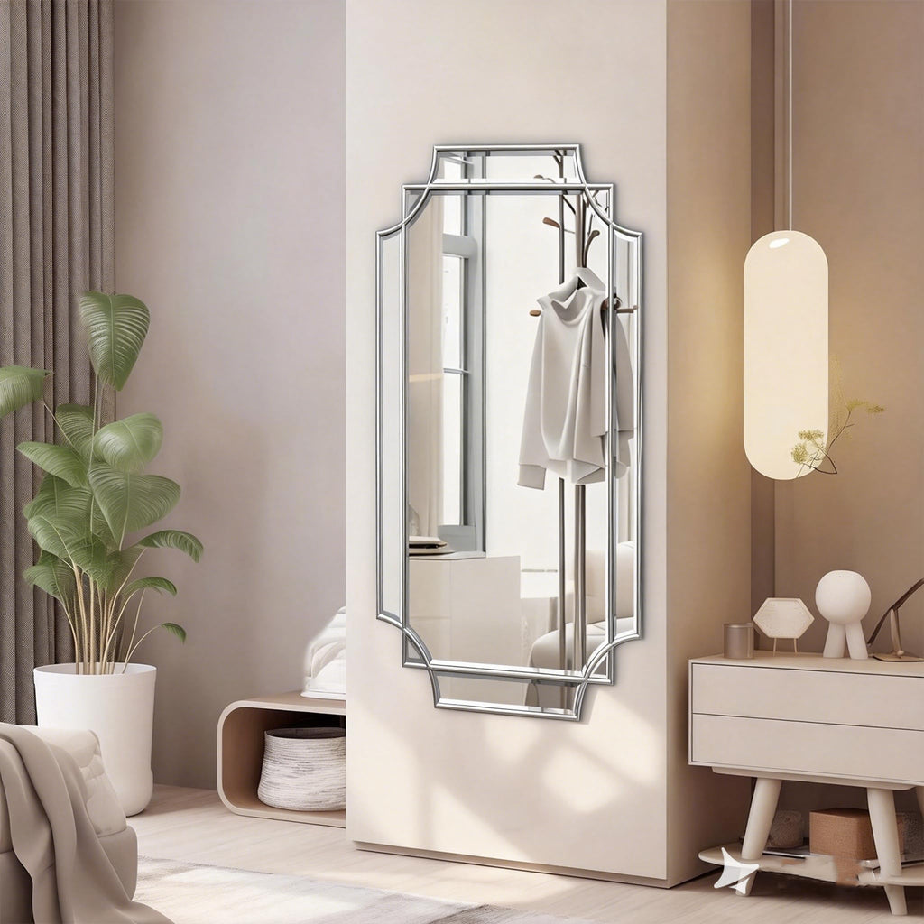 Wall Mirror Full Length, 47" x 24" Silver Wood Framed Full Body Mirror, Scalloped Beveled Polished Decorative