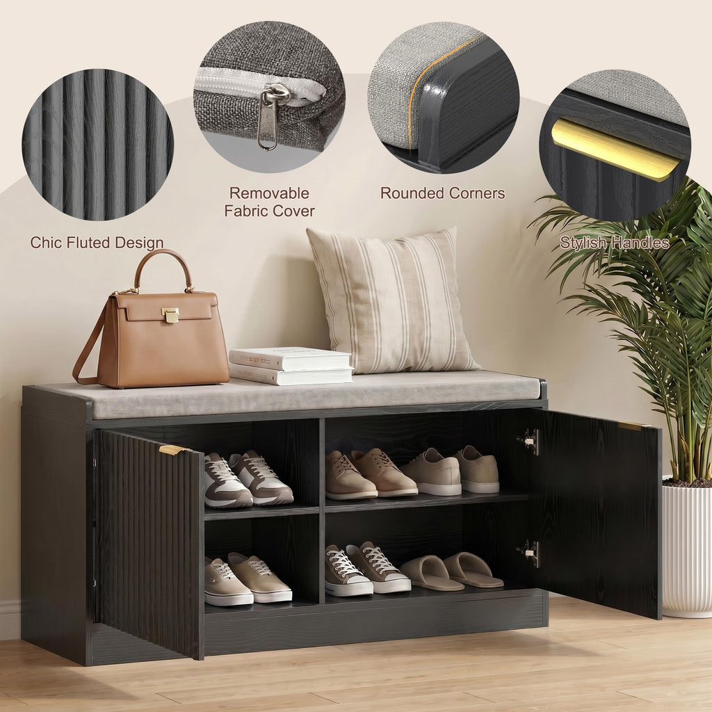 2-Tier Fluted Shoe Storage Bench with Adjustable Shelves and Cushion, Black丨Entryway Shoe Bench Hidden Shoe Cabinet