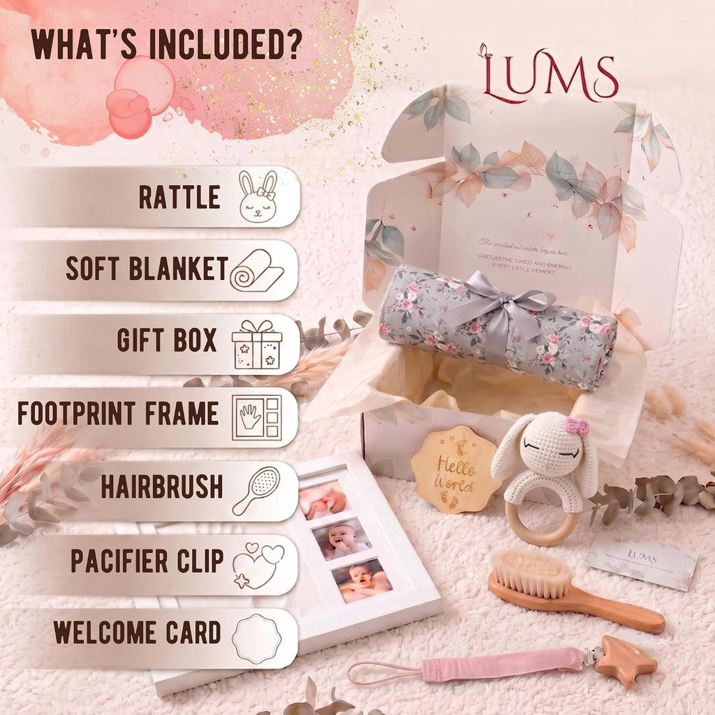 Baby Gift Basket - Newborn Gift Set 6 Pieces: Bamboo Blanket, Footprint Frame, Rattle, Comb, Pacifier Clip &