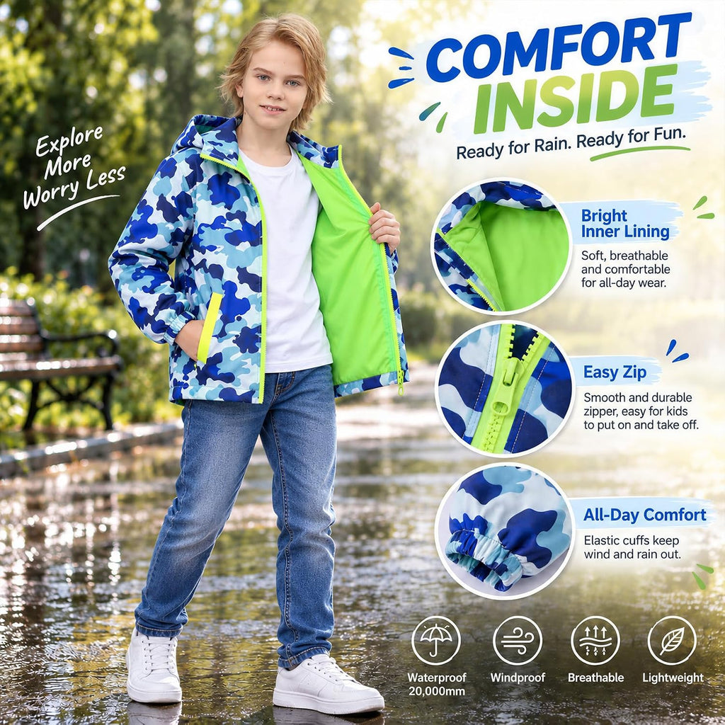 Kids Rain Jacket Waterproof Windbreaker Zipper Coat for Boys Girls