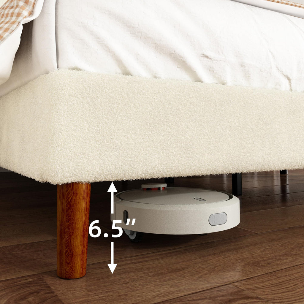 King Bed Frame, Boucle Upholstered Platform Bed with Iron & Wood, Beige