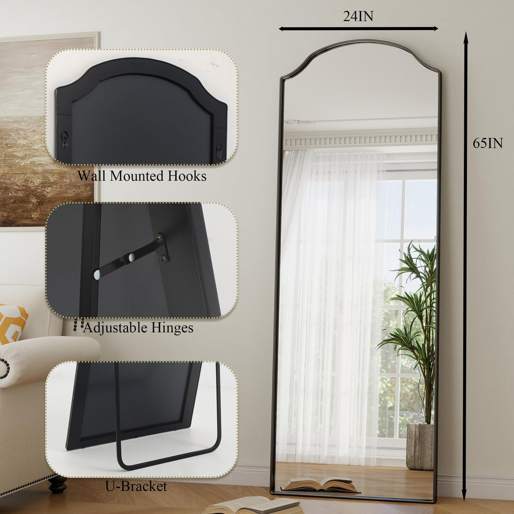 Arched Full Mirror with Unique Scalloped Corner 24 x 65 Black