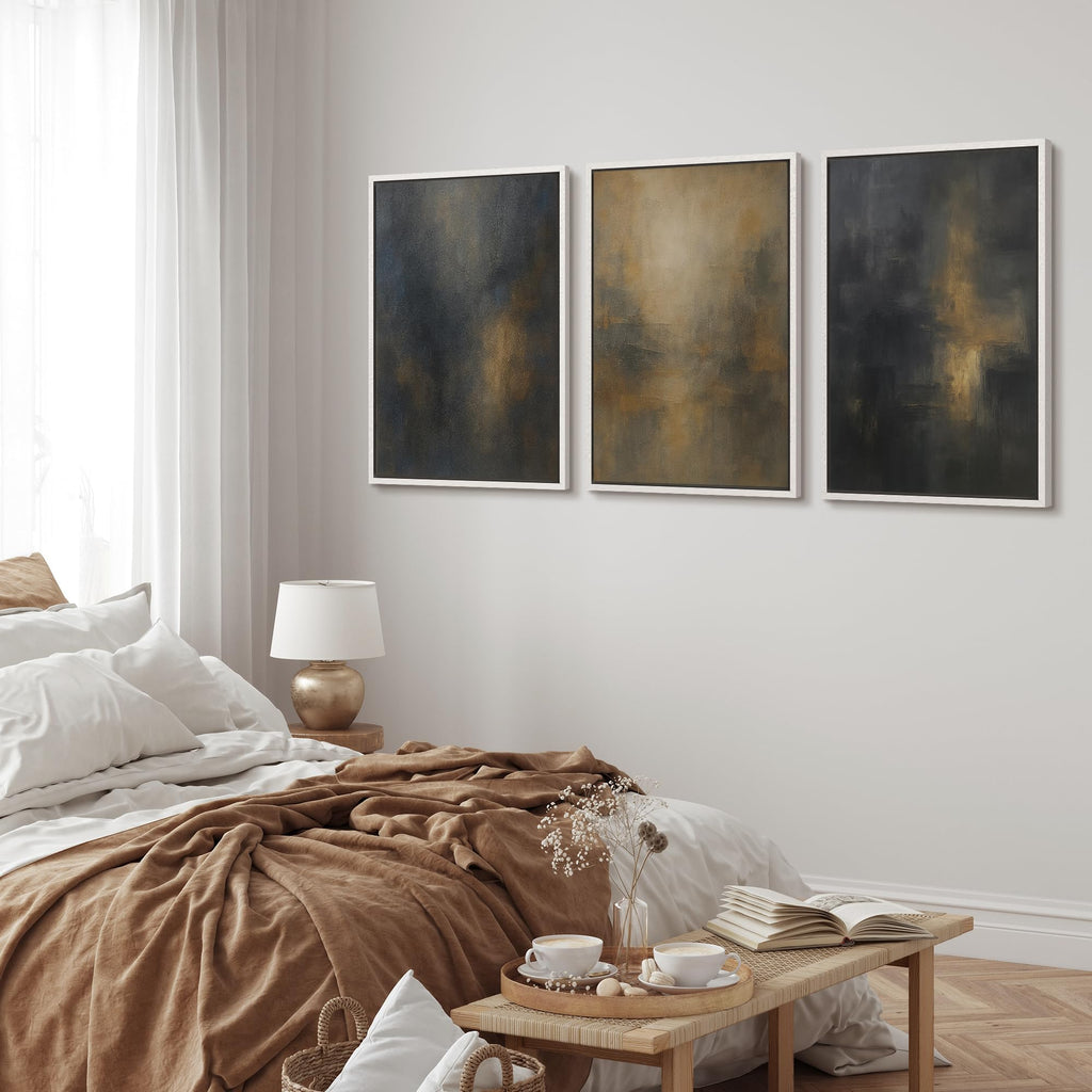 Framed Wall Art Print Set Dark Abstract Modern Contemporary in Navy Blue and Gold Brushstrokes Illustrations Modern