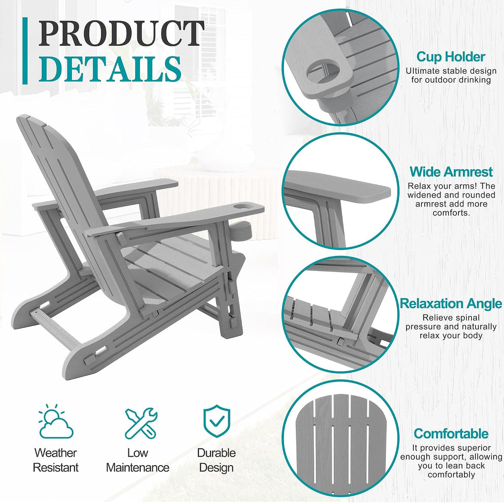 JY QAQA Outdoor Adirondack Chair Set of 2, All-Weather HDPE Patio Furniture with Detachable Table, Wood Texture & Cup