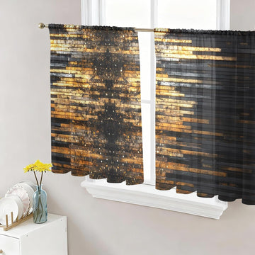 Sheer Curtains 45 Inches Long, Luxury Golden Black Light Filtering Window Curtains, Geometric Art Deco Modern Rod