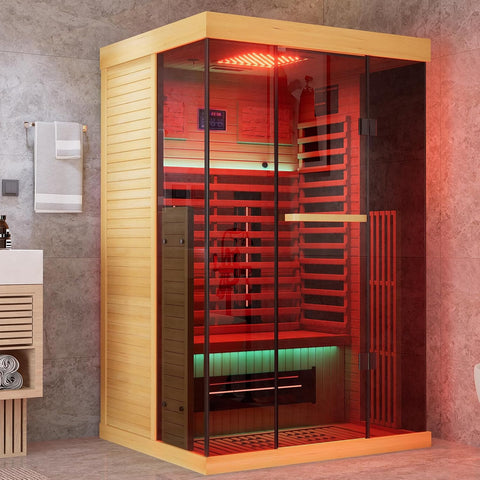 MEISSALIVVE Full Spectrum Infrared Sauna，1-2 Person Home Sauna，Wooden Canadian Hemlock Indoor Spa Sauna with Resonance