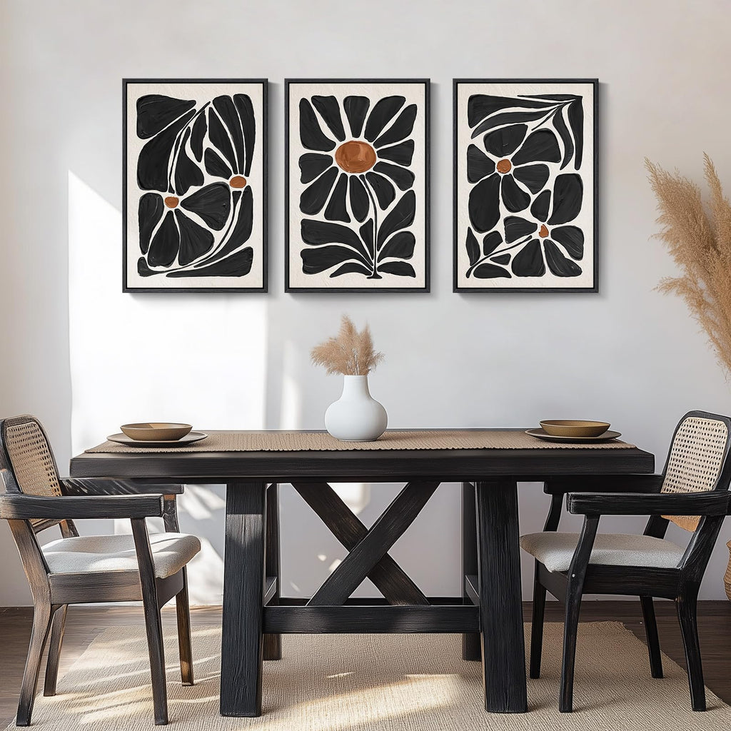 Large Framed Black and White Boho Floral Wall Art, 3 Piece