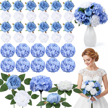60 Pcs Assorted Silk Artificial, Faux Fake Full Peony Rose Bouquet with Leaf Stem for Wedding Centerpiece Bridal DIY