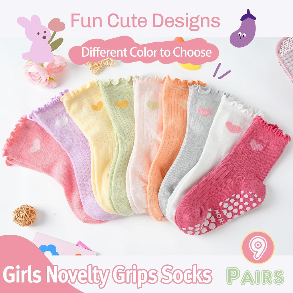 Baby Girls Toddlers Ruffle Grip Socks for Kids Non Slip Anti Skid Frilly Cute Funny Cotton Crew Socks 9 Pairs