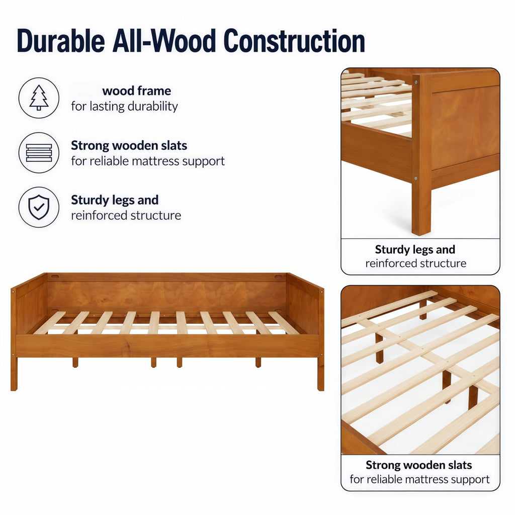 Full Size Mid-Century Modern Wood Daybed with Slat Support, Light Walnut