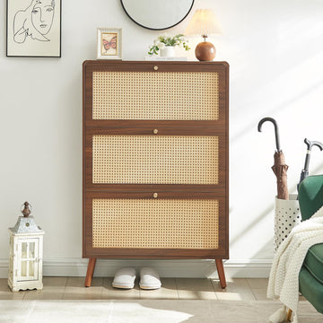 Rattan Shoe Cabinet with 3 Flip Drawers, Walnut Slim Shoe Storage