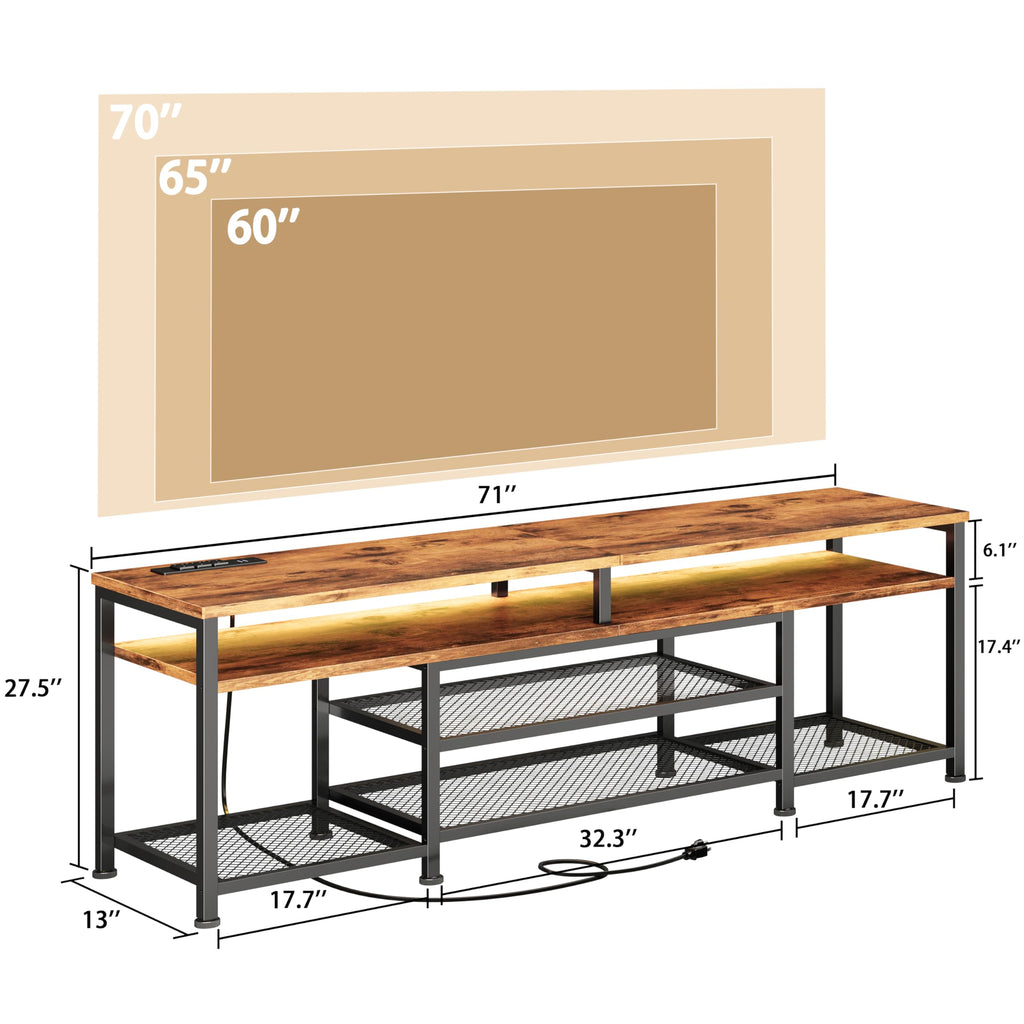71 Inch TV Stand with Power Outlets & LED Lights, Rustic Brown