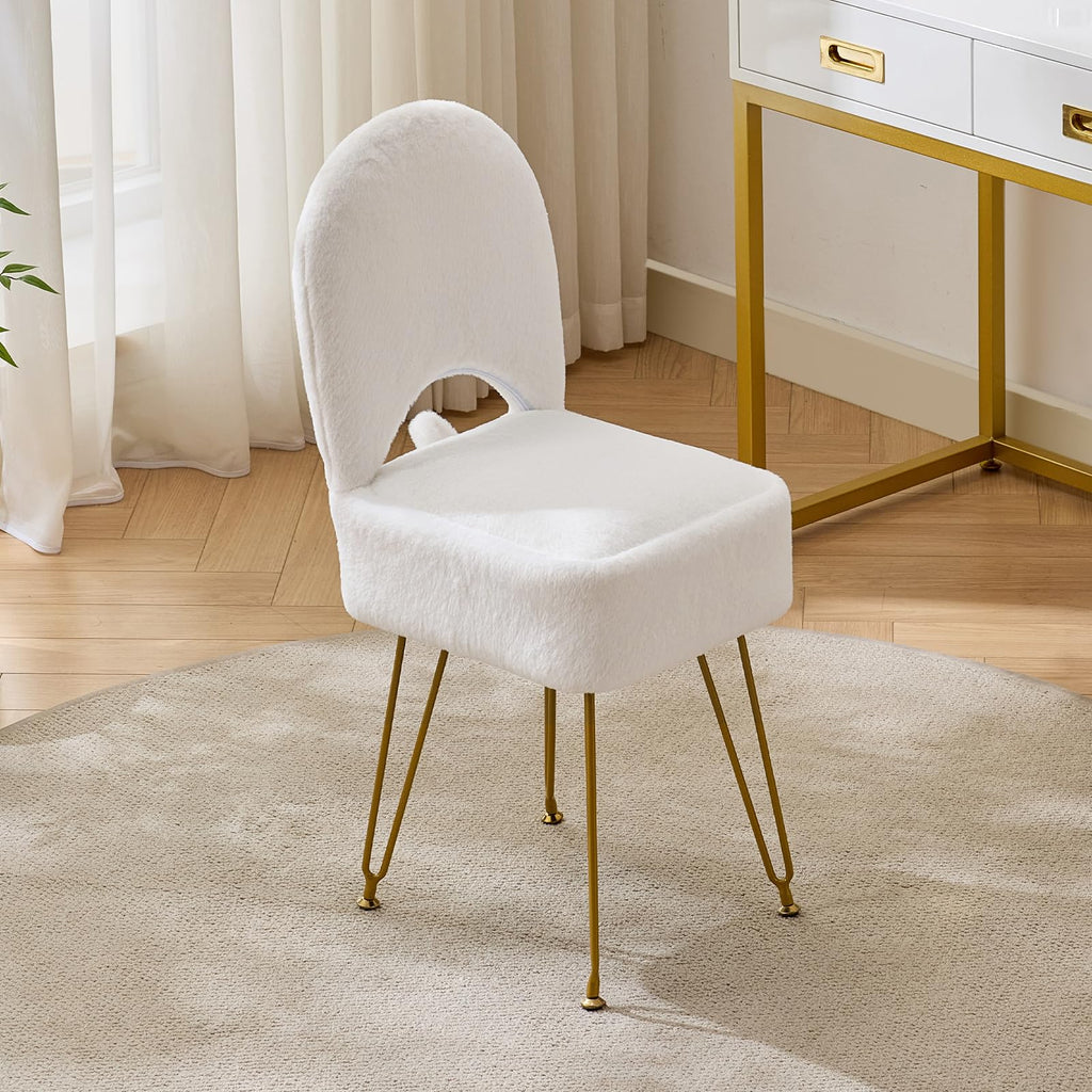 White Vanity Chair with Storage, Folding Back Faux Fur Vanity Stool, Makeup Ottoman with Gold Legs /Bathroom
