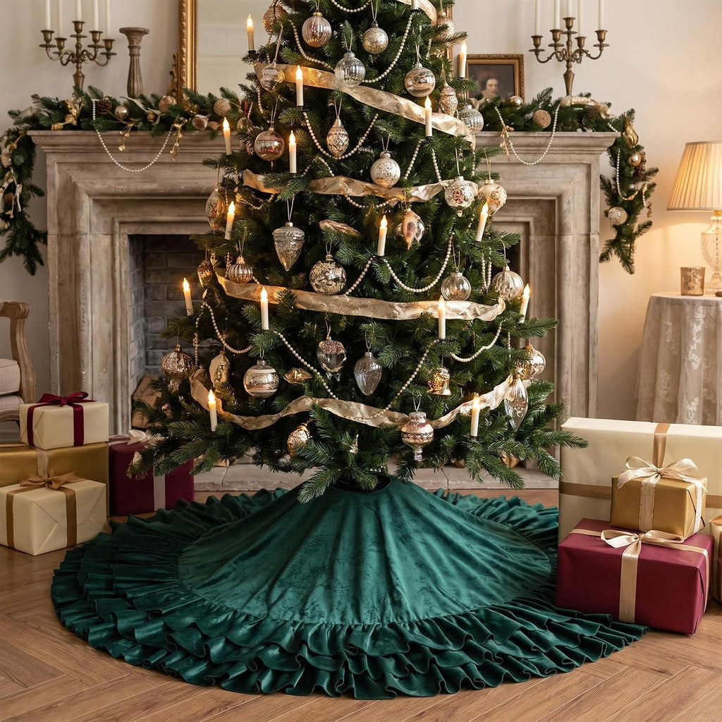 48 Inch Green Velvet Christmas Tree Skirts Ruffled Tree Skirt