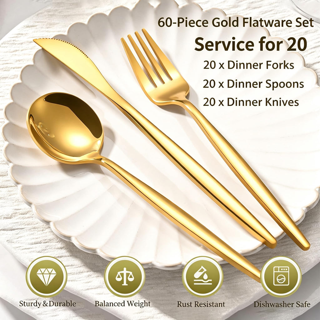 60-Piece Gold Silverware Set for 20, Food Grade Stainless Steel Flatware Set with Thickened Forks Spoons Knives