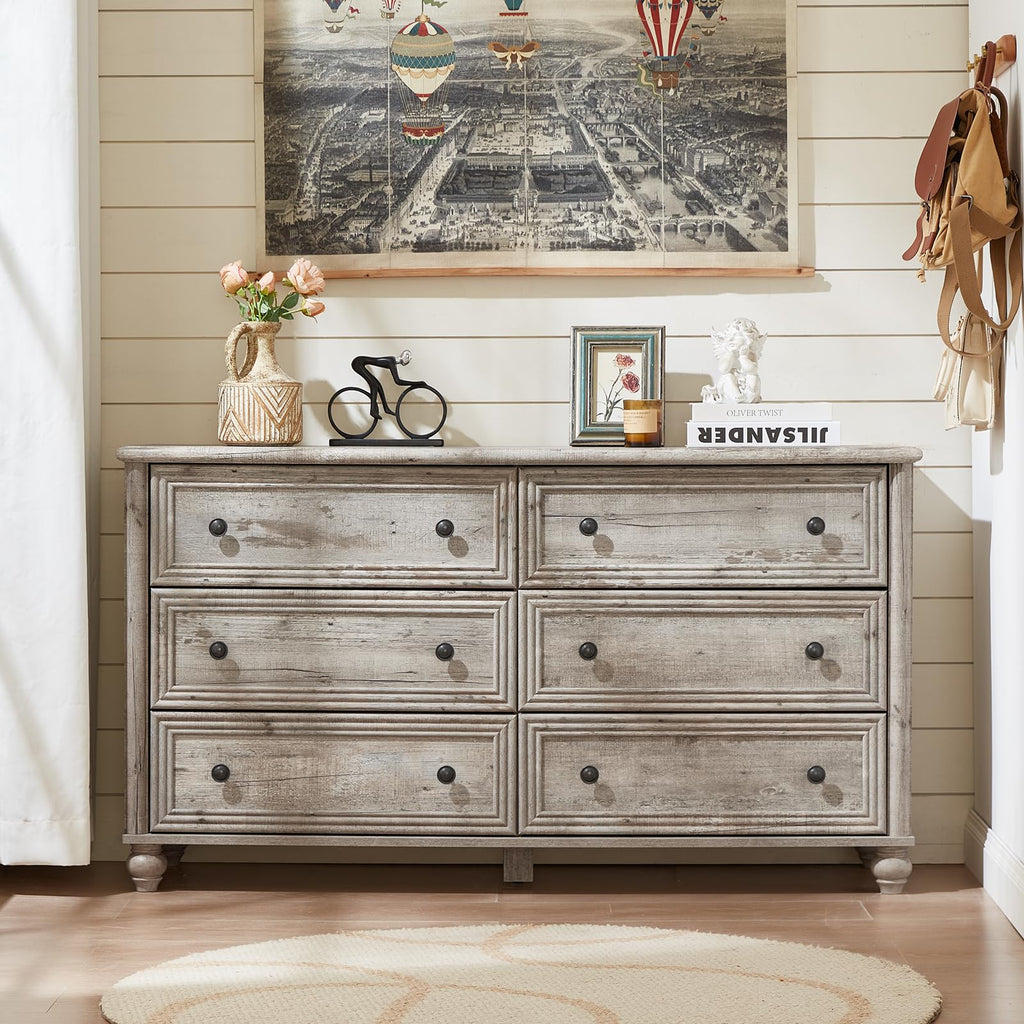 54" Dresser, Farmhouse 6 Drawers Dressers with Gourd Legs