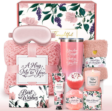 Birthday Gifts for Women, 10-Piece Christmas Self Care Spa Gift Basket with Cozy Throw Blanket and 20oz Tumbler, Get