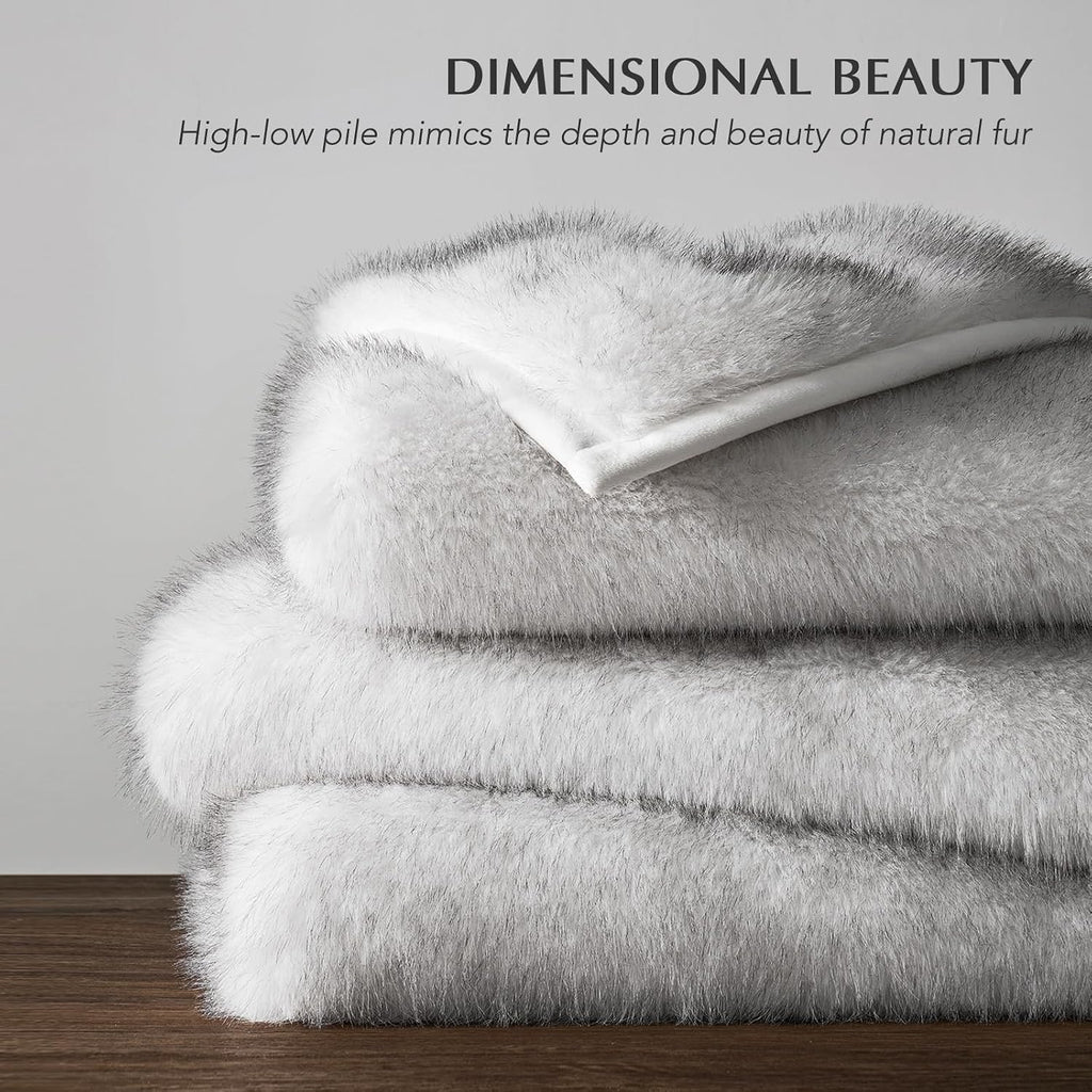 Luxury Faux Fur Throw Blanket, 50"x60", Frosted White Wolf | Fluffy Faux Mink Blanket, Soft Cozy Plush, Thick Warm