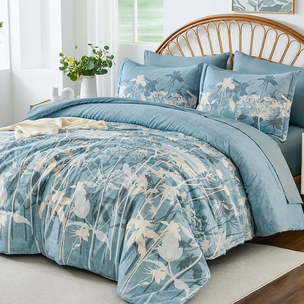 Drucon Blue Floral Comforter Set King, 7 Piece Dandelion Botanical Plant Comforter Bedding Set, Bed in a Bag King