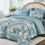Drucon Blue Floral Comforter Set King, 7 Piece Dandelion Botanical Plant Comforter Bedding Set, Bed in a Bag King