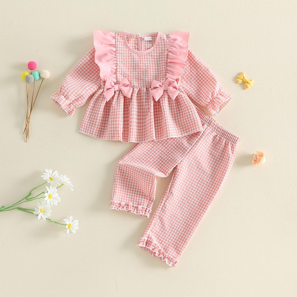Toddler Baby Girl Fall Clothes Plaid Long Sleeve Ruffle Shirt Top Pants Set