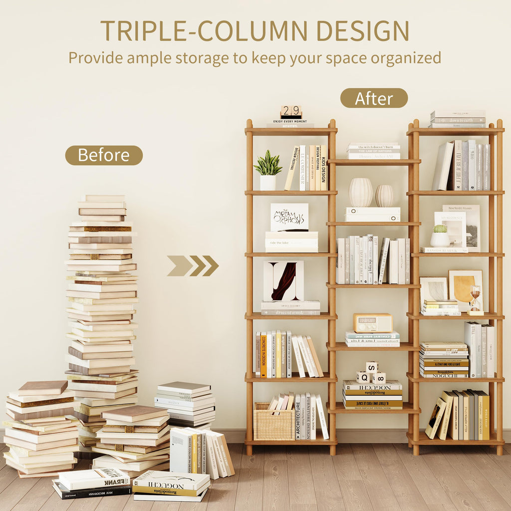 Wooden Triple Wide Bookshelf, 6-Tier Large Open Bookcase, Oak