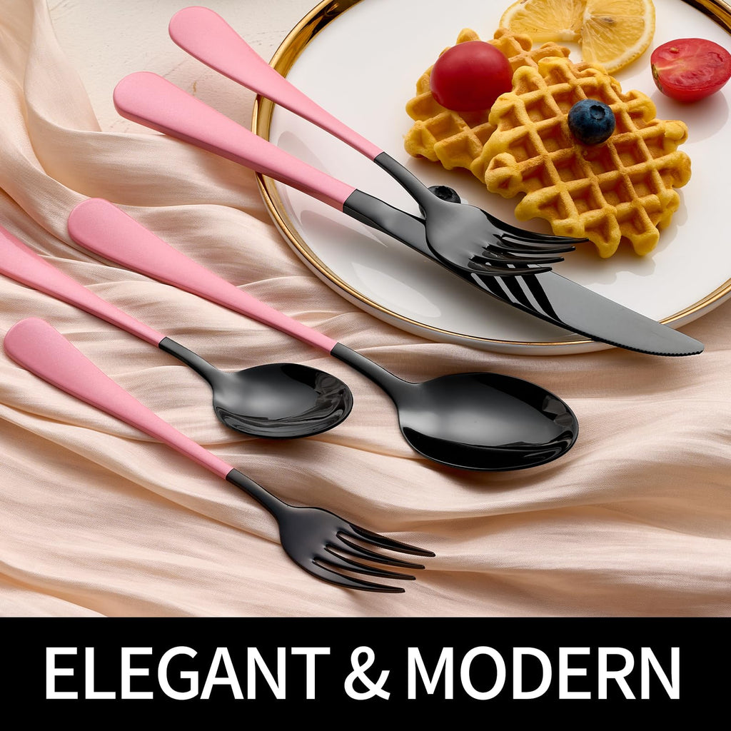 20-Pieces Blac and Pink Silverware Sets for 4,Pink Handle Stainless Steel Cutlery Set, Include Forks Spoons and