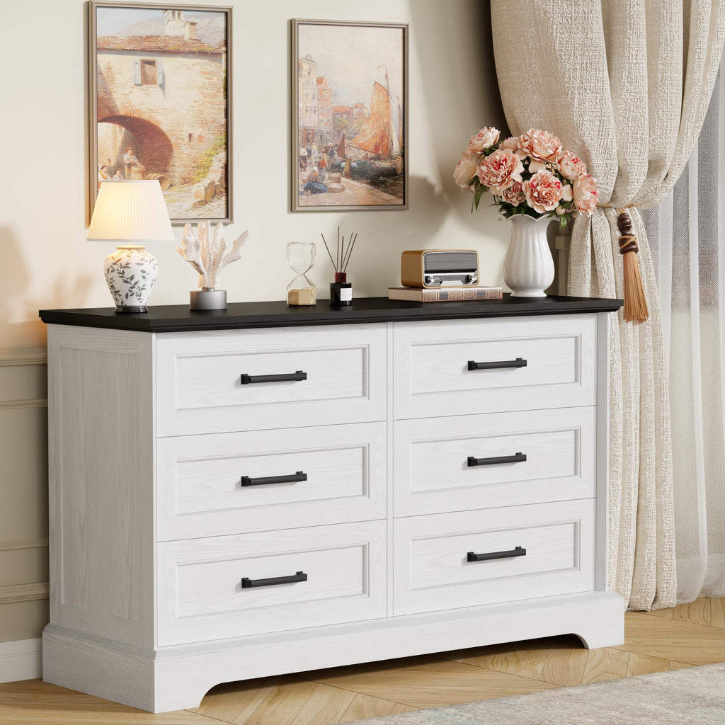 Farmhouse Dresser, 6 Drawers Dresser, White & Black