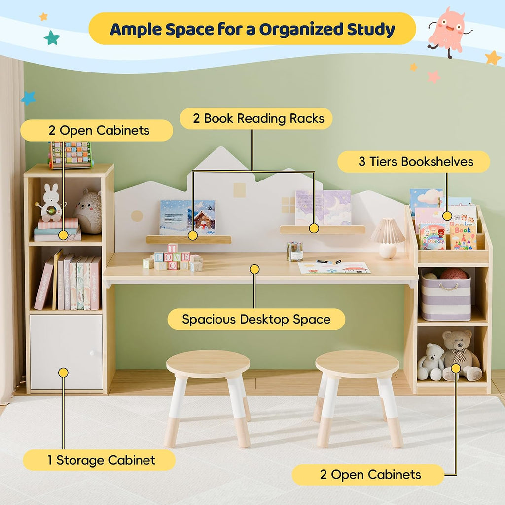 Kids Desk with Bookshelves and 2 Stools, Wooden Kids Desk and Chair Set with 5 Storage Cabinets, Children Writing