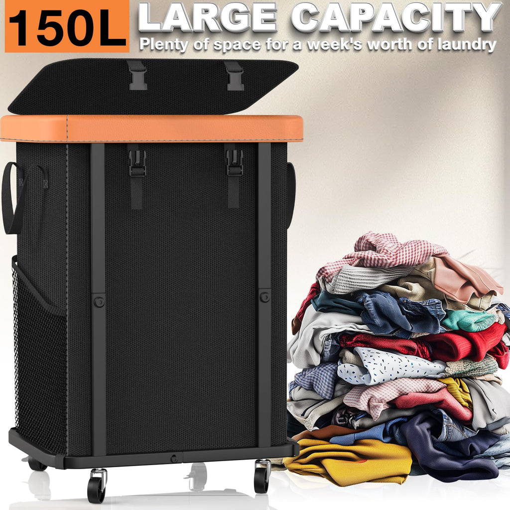 Hamper with Wheels,150L Leather Patchwork Clothes Hamper Black