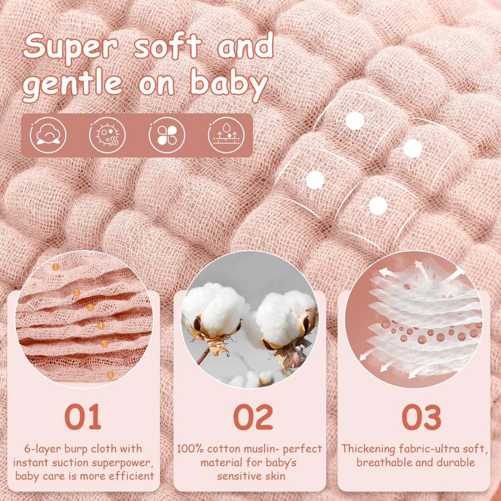 Muslin Burp Cloths Baby Girl 6 Pack - 20" x 10" - Ultra Soft & Absorbent, 6-Layer 100% Cotton for Spit Up & Drool