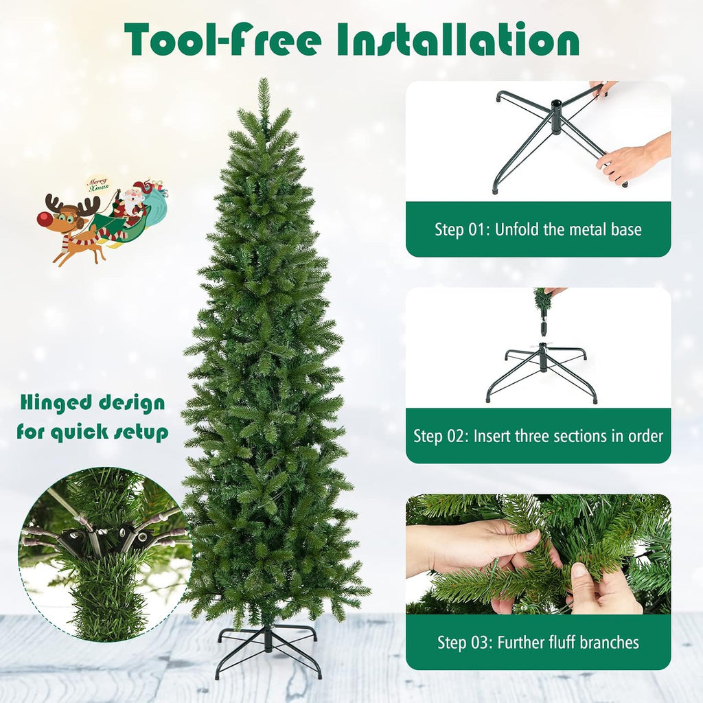 Pre-Lit Pencil Christmas Tree, Hinged Artificial Slim Tree with 648 PVC PE Branch Tips, 270 LED Lights, Life-Like
