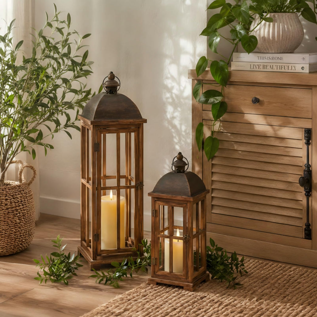 Large Decorative Lanterns, 2 Pack Farmhouse Wood Lanterns Indoor Outdoor