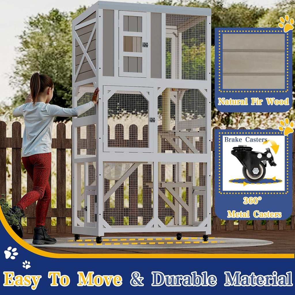 63.5" H Window Catio Outdoor Cat Enclosure with Wheels, Expandable Design
