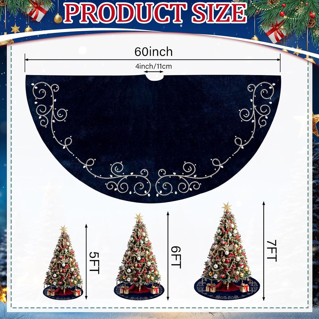 60inch Extra Large Christmas Tree Skirt Navy Blue Luxury Velvet Plush Fur Skirts Baroque Tree Skirts with Gold