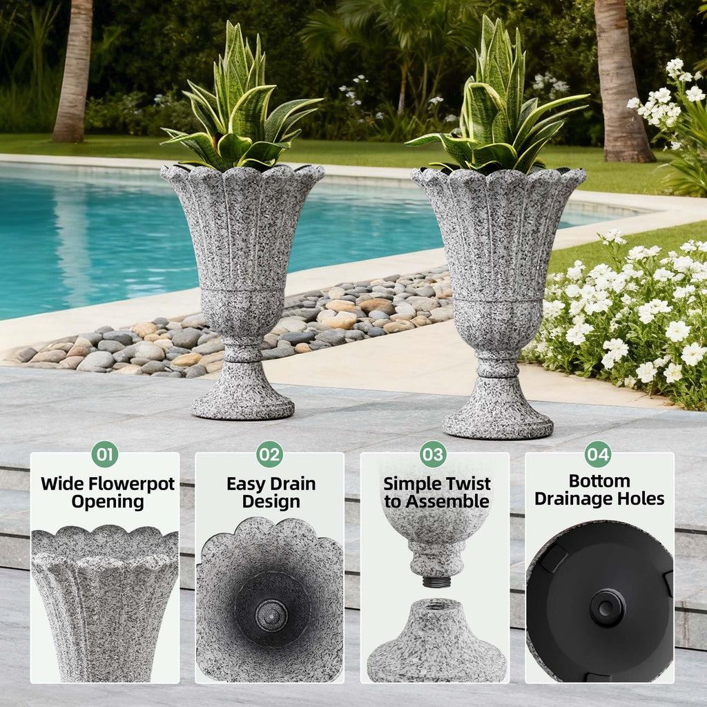 Tall Plastic Urn Planters and Pedestal - 24" Outdoor Planter Grey