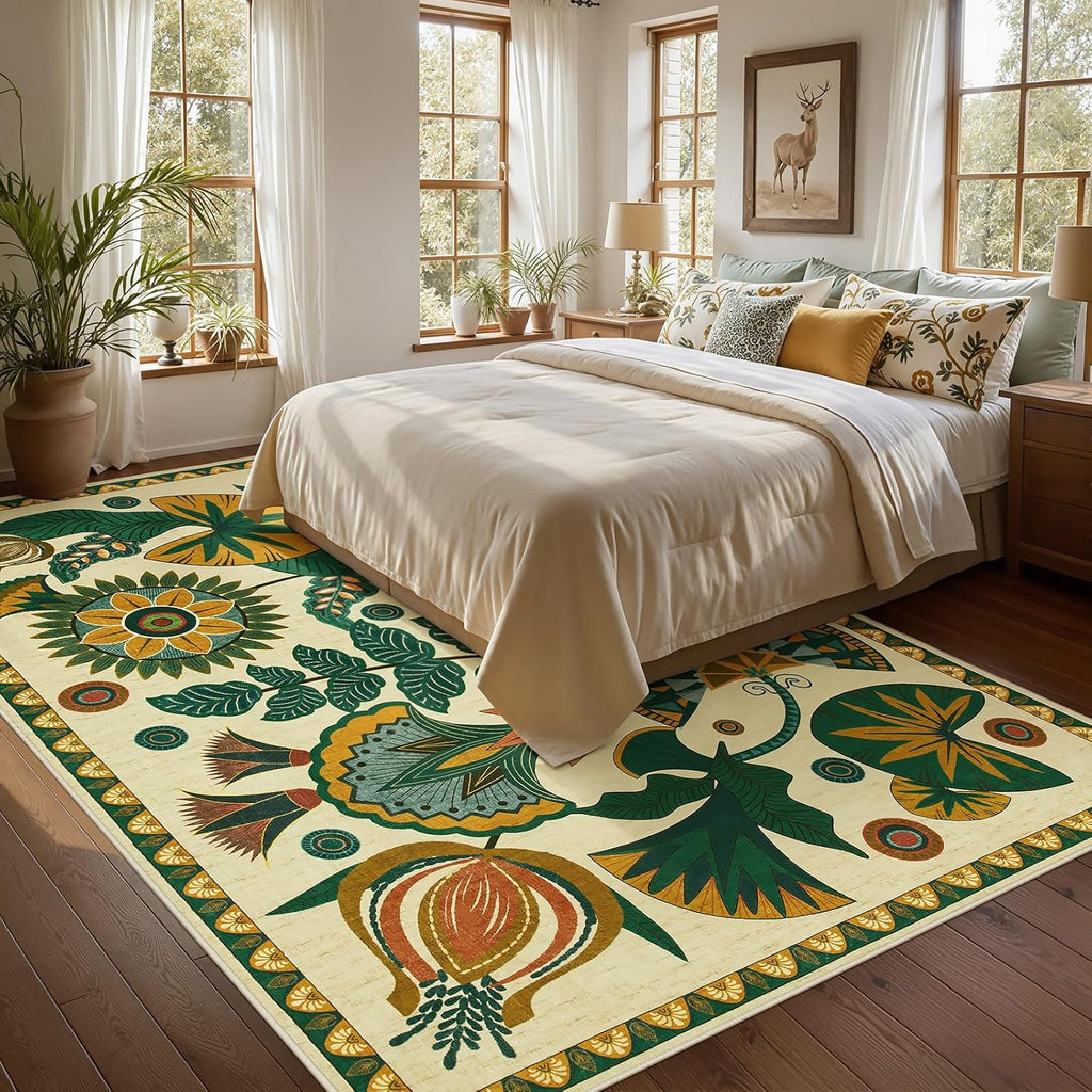 Egypt Floral Boho 9x12 Rugs for Living Room, Large Beige Washable Area Rug for Bedroom Dining Room T